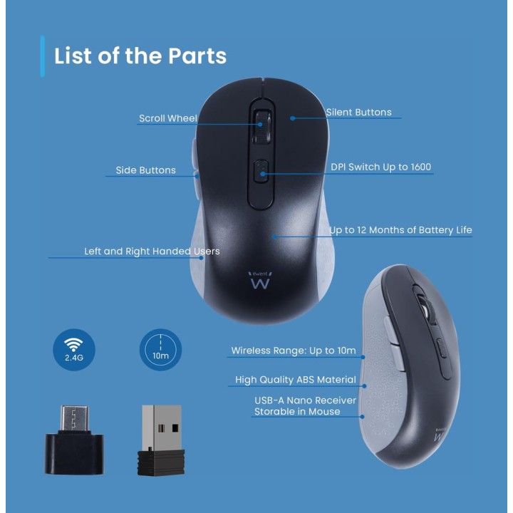 EWENT Mouse ottico wireless per ufficio EW3204 1600DPI