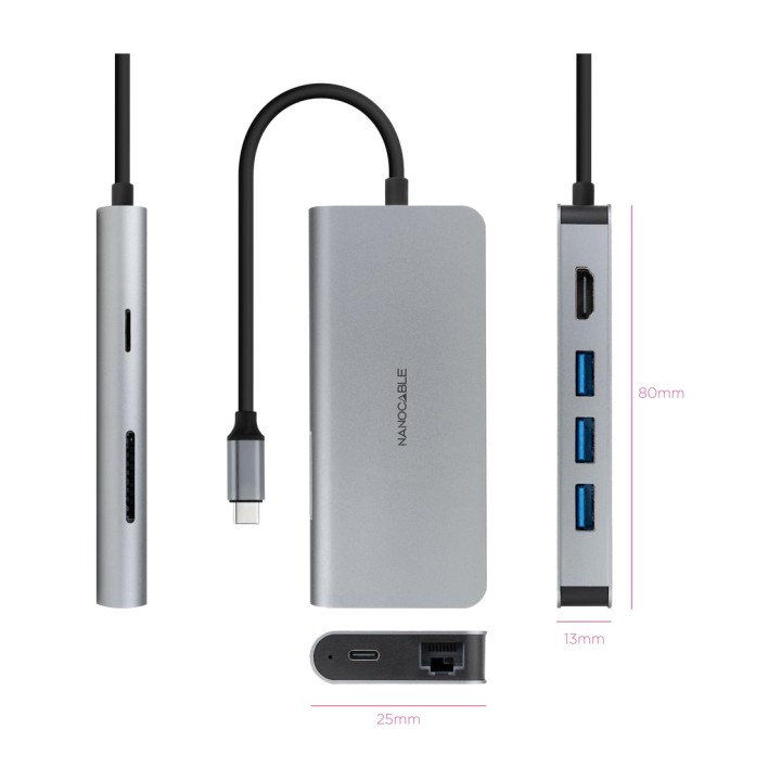 NANOCABLE USB-C-Hub 8-in-1 aus Aluminium mit HDMI,