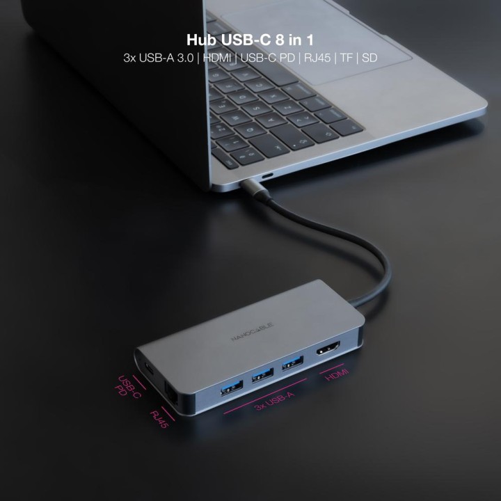NANOCABLE USB-C-Hub 8-in-1 aus Aluminium mit HDMI,