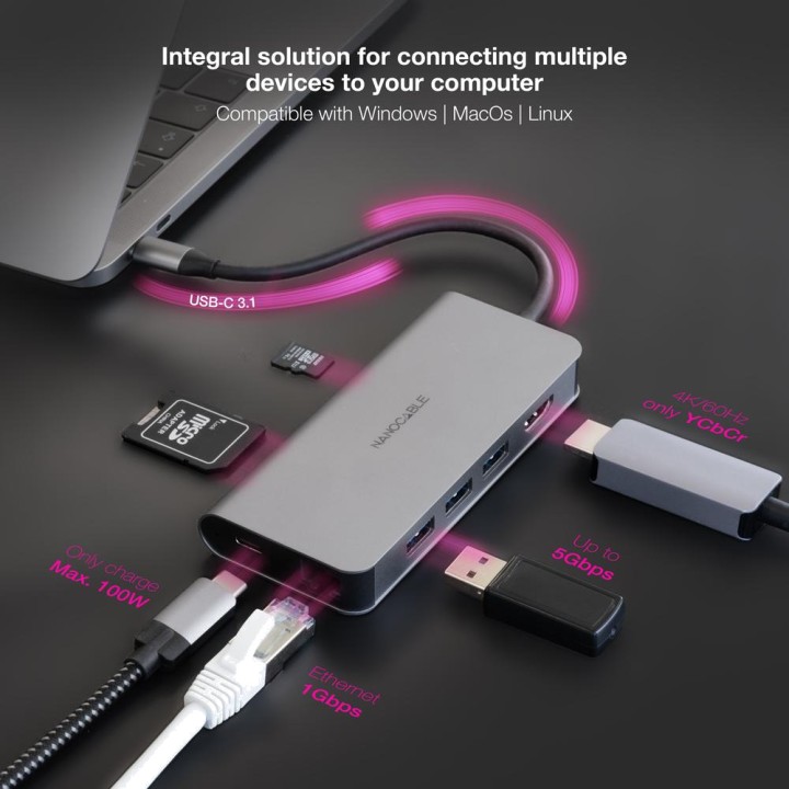 NANOCABLE Hub USB-C 8 in 1 in alluminio con HDMI, rete