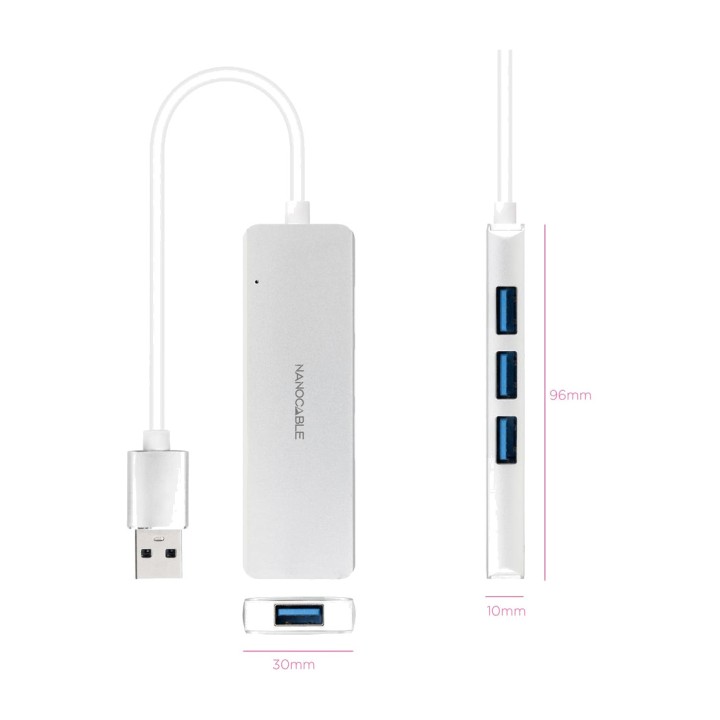 NANOCABLE Hub USB-A in alluminio con 4 porte 3.0 18 CM