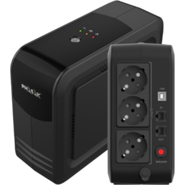 PHASAK Line-interactive UPS with 3 Schuko sockets, RJ45 port