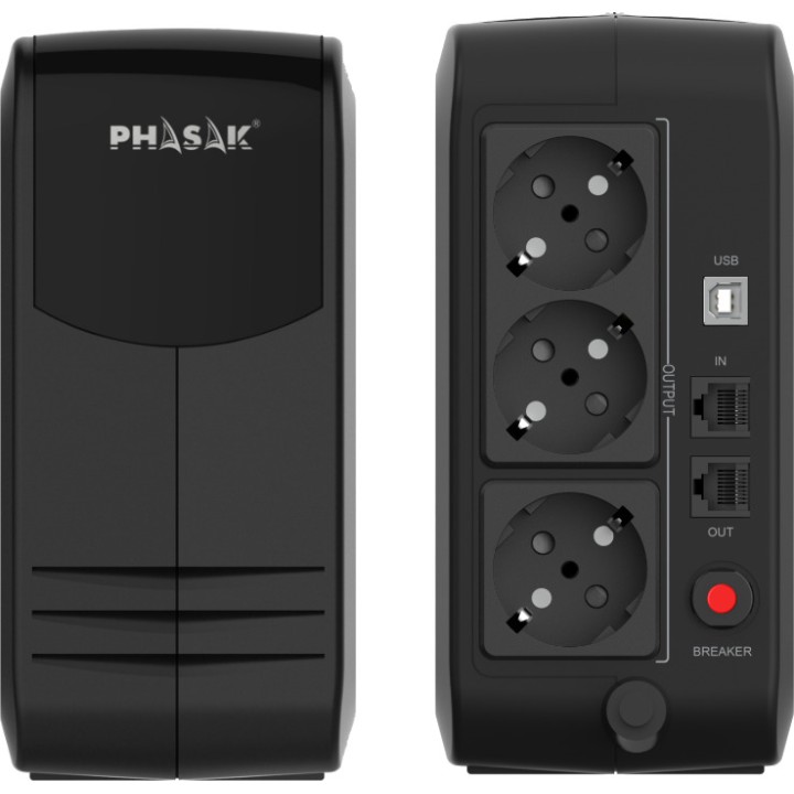 PHASAK Onduleur interactif avec 3 prises Schuko, port RJ45