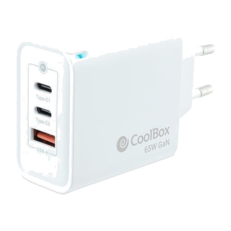 cargador de pared gan con tres puertos usb 65w 2xusb-c 1xusb-a pd