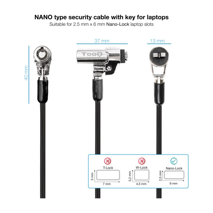 TOOQ Cavo antifurto con chiave per laptop con slot Nano