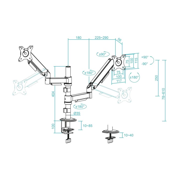 TOOQ Dual monitor stand with spring arms and desk mount