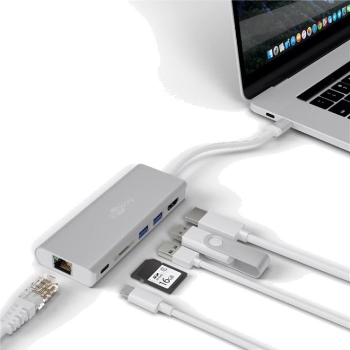 GOOBAY Hub USB-C de aluminio con HDMI, red gigabit y lector