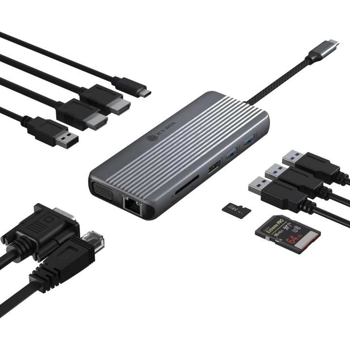 ICY BOX Estación de acoplamiento USB-C para tres monitores con VGA y lector de tarjetas IB-DK4062-CPD 1080P 100210375