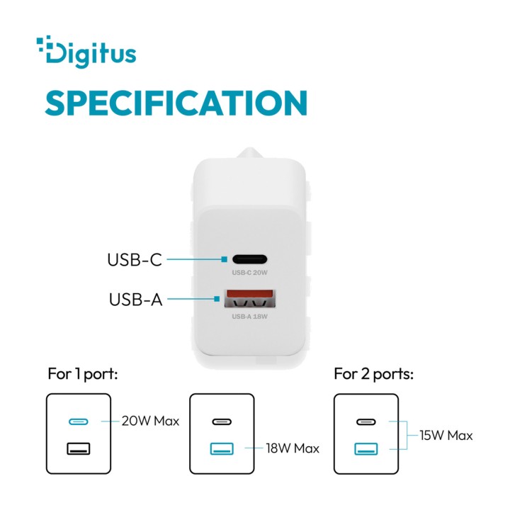 DIGITUS Chargeur mural USB à double port 20W 1C+1A DA-10300