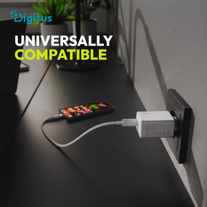 DIGITUS USB-væglader med dobbelt port 20W 1C+1A DA-10300