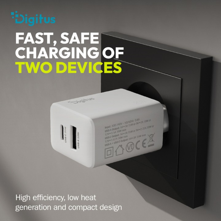 DIGITUS Cargador USB de pared con doble puerto 20W 1C+1A
