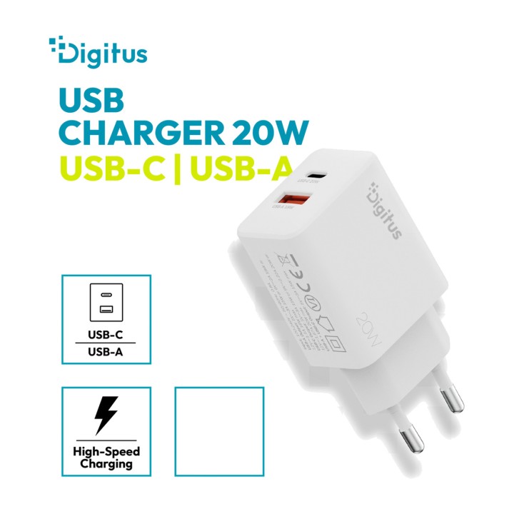 DIGITUS Dupla portos USB fali töltő 20W 1C+1A DA-10300