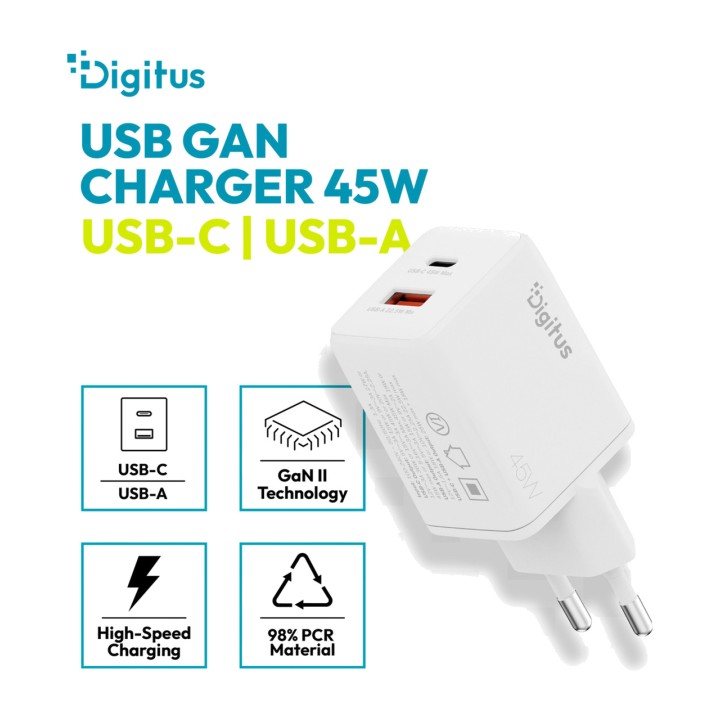DIGITUS Carregador USB GaN de paret amb doble port 45W 1C+1A