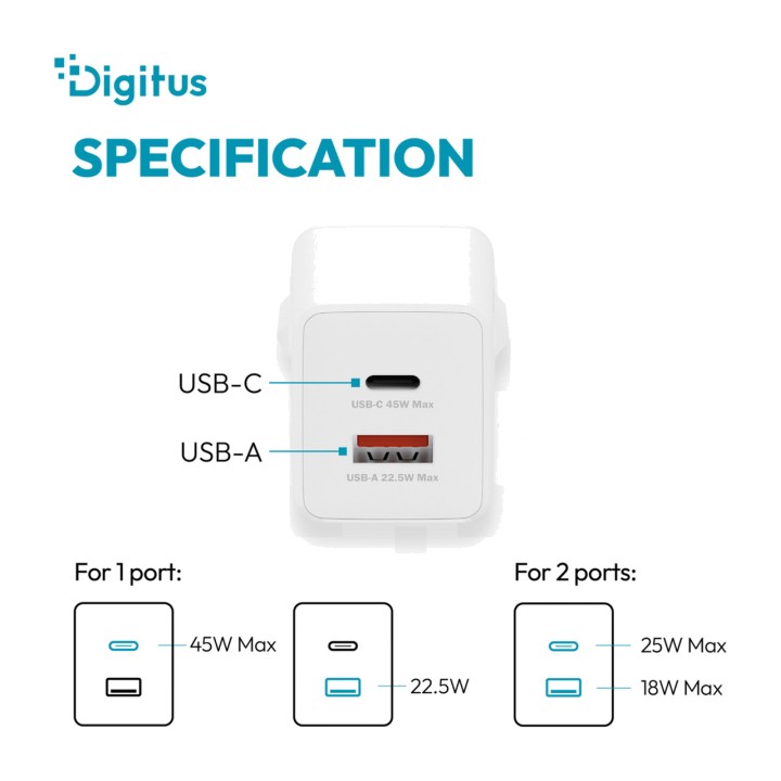 DIGITUS GaN-USB-Wandladegerät mit zwei Anschlüssen 45W 1C+1A