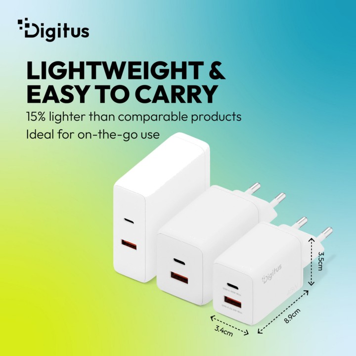 DIGITUS USB nástěnná nabíječka GaN s dvojitým portem 45W