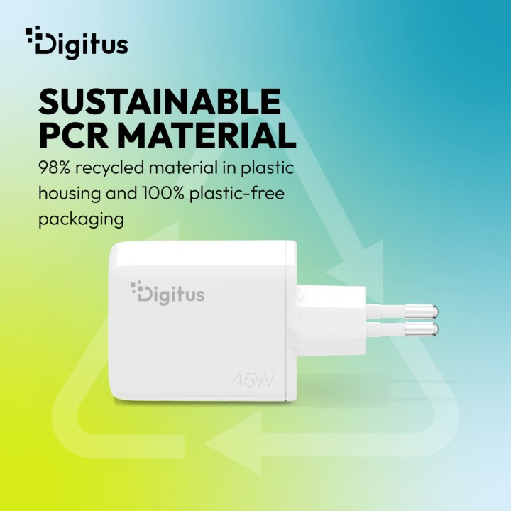 DIGITUS USB nástěnná nabíječka GaN s dvojitým portem 45W