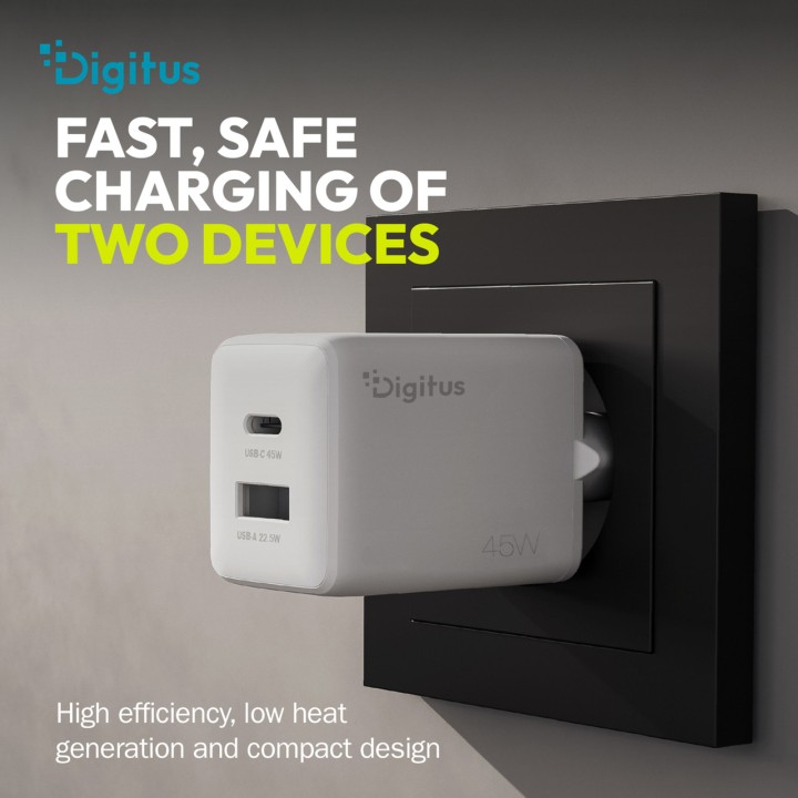 DIGITUS Chargeur mural USB GaN à double port 45W 1C+1A