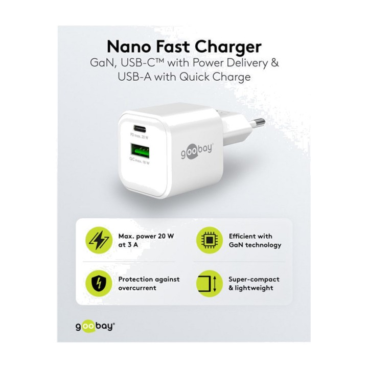 GOOBAY GaN-Schnellladegerät für die Steckdose mit USB-C- und