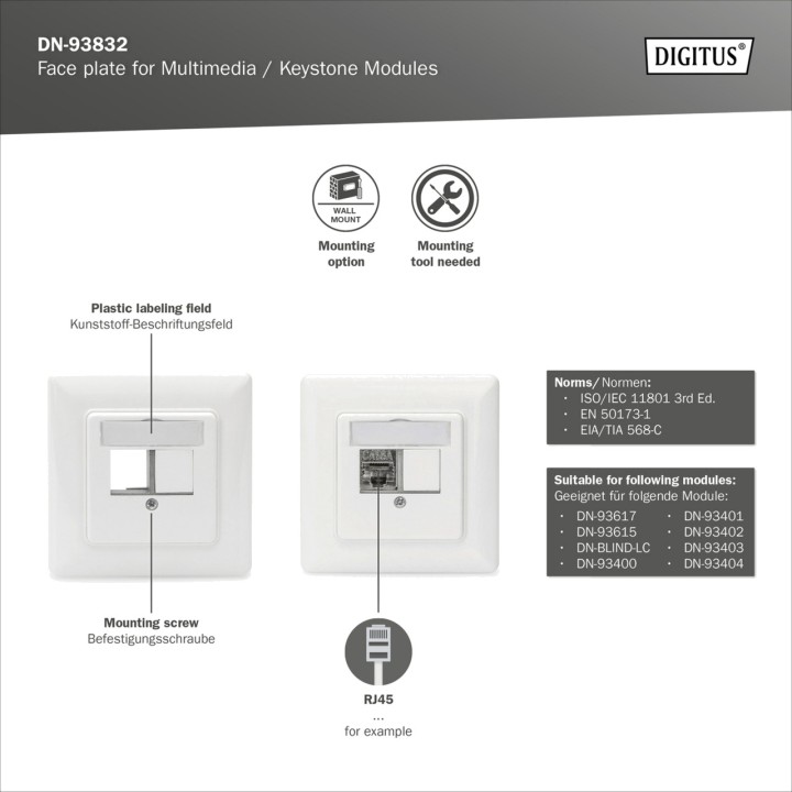 DIGITUS Placca frontale con telaio di montaggio per moduli