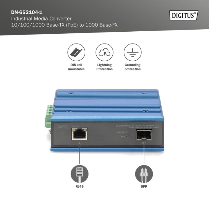 DIGITUS Industrial media converter with PoE for DIN rail