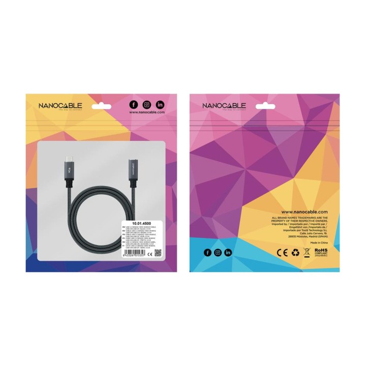 NANOCABLE Cable alargador trenzado de algodón USB-C macho a