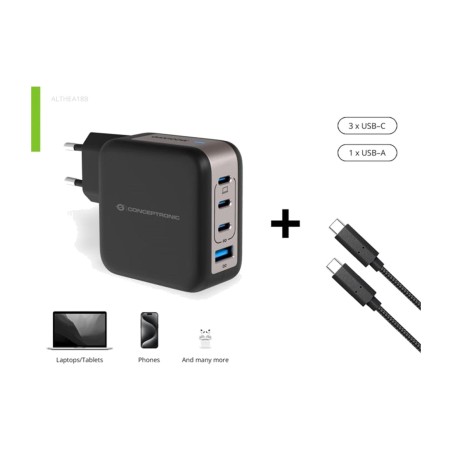 four-port gan wall charger with cable included althea18b 100w 3xusb-c 1xusb-a qc-3.0
