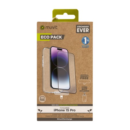 coque de téléphone recyclée avec protection d’écran en verre trempé recycletek-pack iphone 15 pro