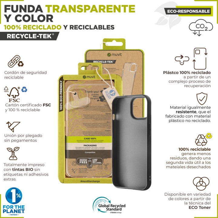 MUVIT Funda reciclada para móvil RECYCLETEK-IPHONE 15 PRO