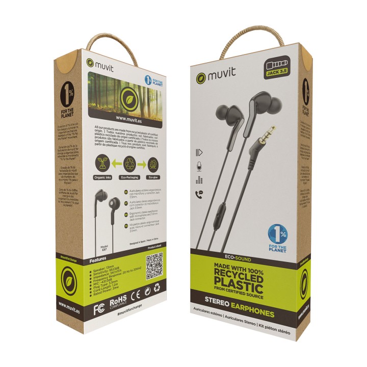 MUVIT Căști ecologice din plastic reciclat cu microfon E57