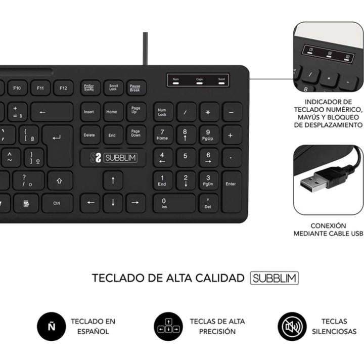 SUBBLIM Teclado silencioso de perfil bajo con cable USB