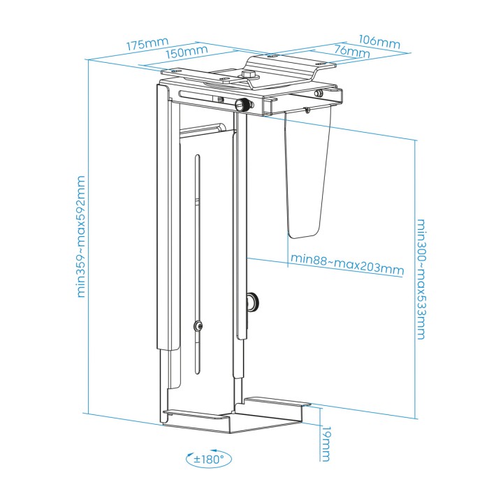 TOOQ Metal CPU holder for under-desk or wall mounting