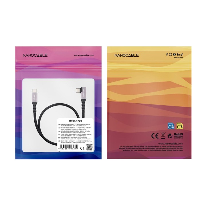 NANOCABLE Cavo USB-C angolato per ricarica e dati 3.2 GEN2