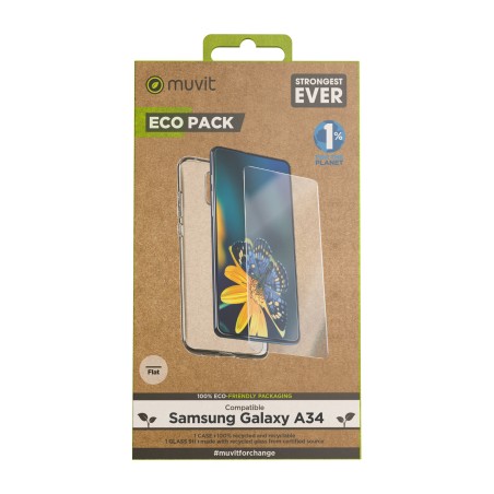 funda reciclada para móvil con protector de pantalla en vidrio templado recycletek-pack galaxy a34