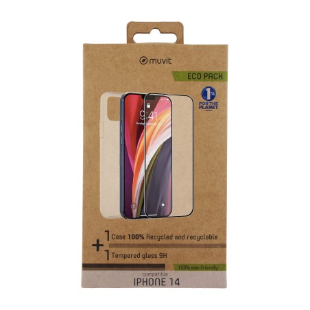 coque de téléphone recyclée avec protection d’écran en verre trempé recycletek-pack iphone 14