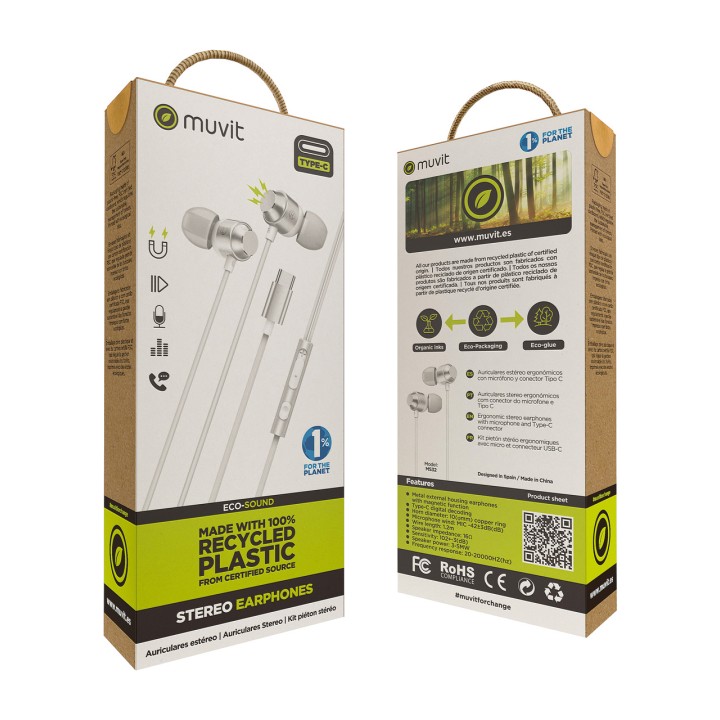 MUVIT Auricolari magnetici intrauricolari USB-C in plastica