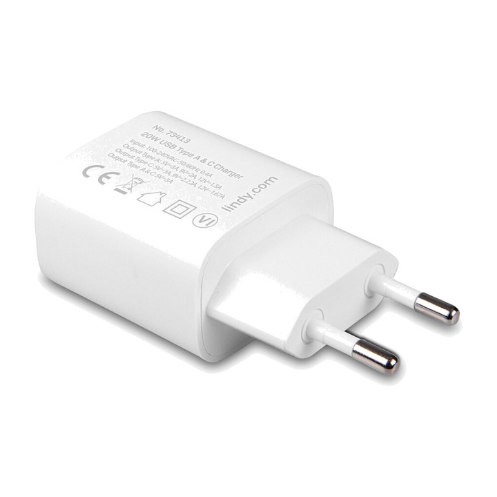 LINDY USB-väggladdare med två portar A-C PD 20W 100209179
