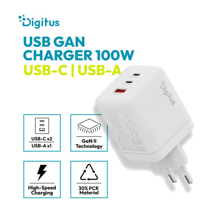 DIGITUS Cargador USB GaN de pared con triple puerto 100W