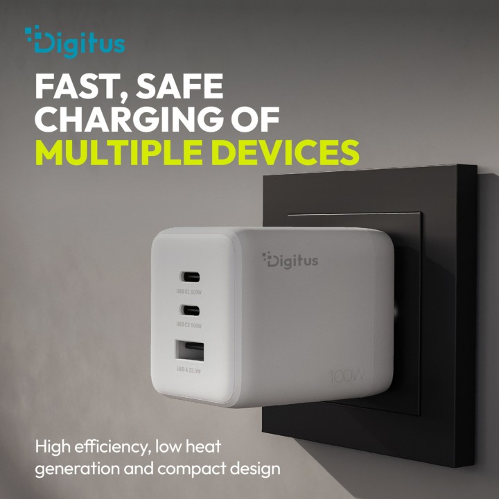 DIGITUS Φορτιστής τοίχου USB GaN με τριπλή θύρα 100W 2C+1A