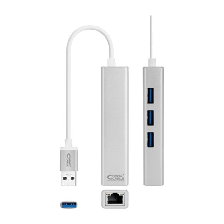 NANOCABLE Hub USB avec trois ports et adaptateur réseau