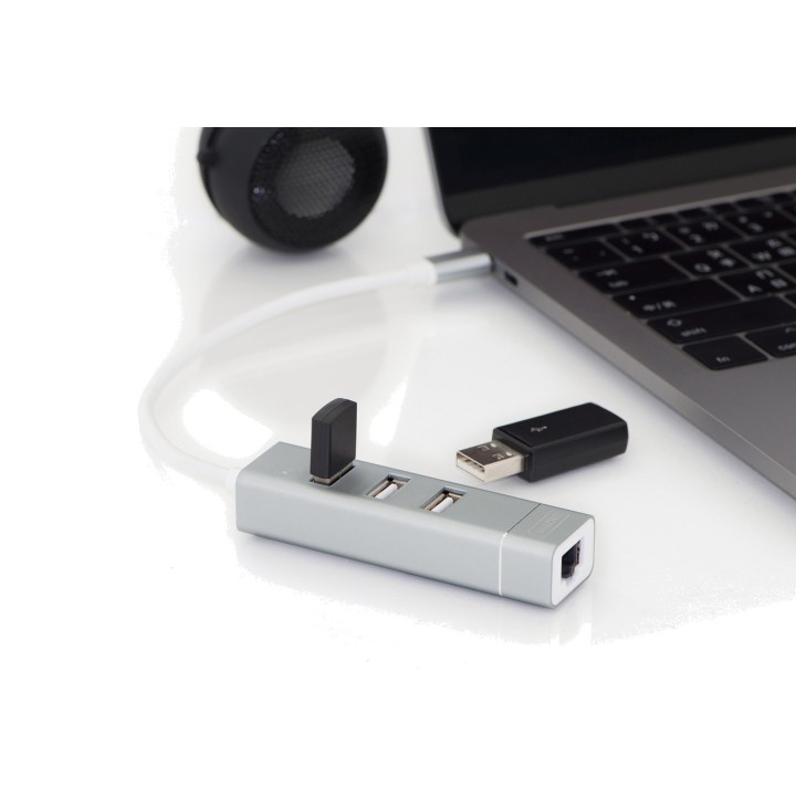 DIGITUS Hub USB tipo C de 3 puertos con adaptador de red