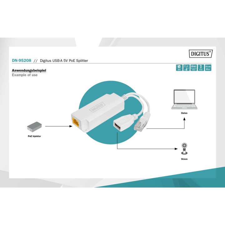 DIGITUS Indoor PoE splitter with USB-A output 5V 802.3AF/AT