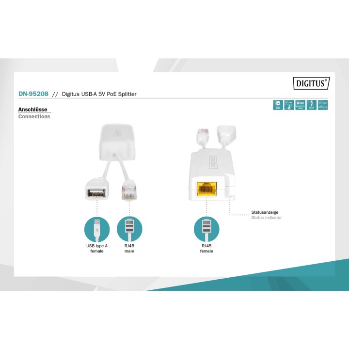 DIGITUS Indoor PoE splitter with USB-A output 5V 802.3AF/AT