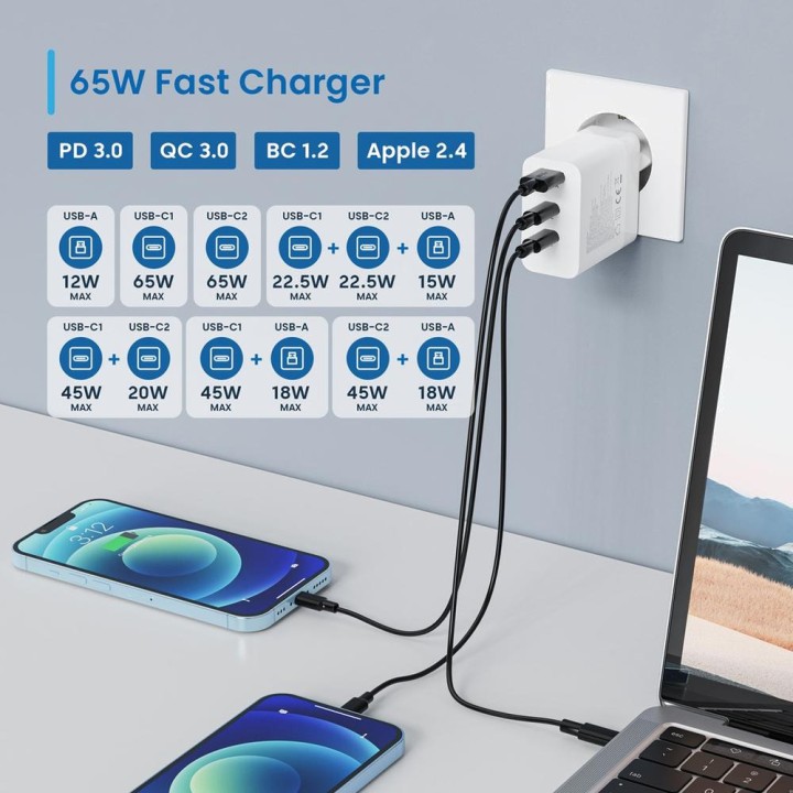 EWENT Hurtig vægoplader EW1323 65W 2XUSB-C 1XUSB-A