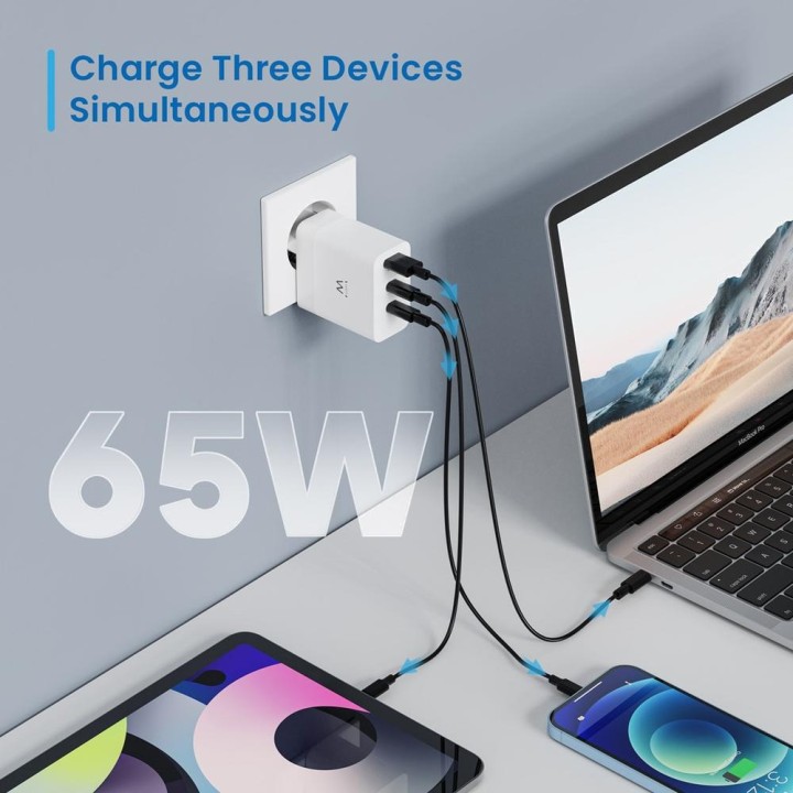 EWENT Rychlá nástěnná nabíječka EW1323 65W 2XUSB-C 1XUSB-A