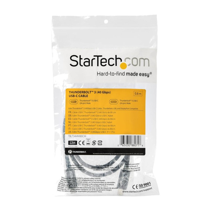 STARTECH.COM Cable USB-C pasivo de carga, datos y vídeo THUNDERBOLT-3 40GBPS 80 CM TBLT34MM80CM DSP0000040393