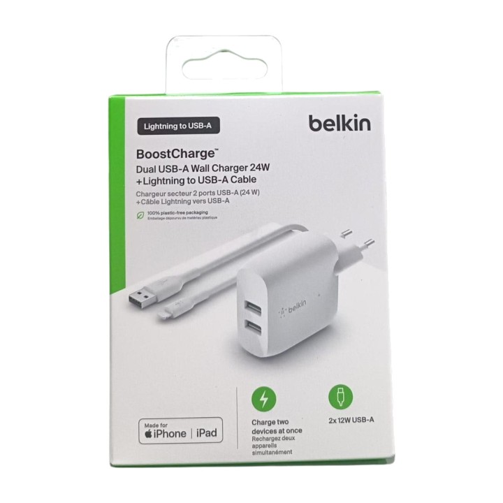 BELKIN Cargador de pared con dos puertos USB-A y cable Lightning WCD001VF 24W 100 CM MGS0000030660
