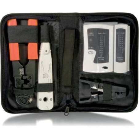 kit de herramientas para redes con tester, crimpadora y pelacables 129503 rj45