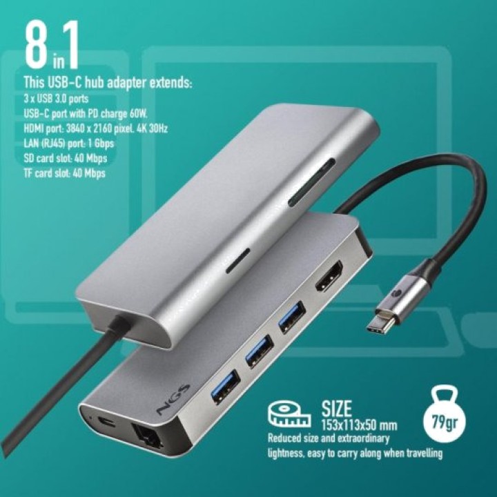NGS Docking station USB-C 8 in 1 con HDMI, RJ45 e lettore di