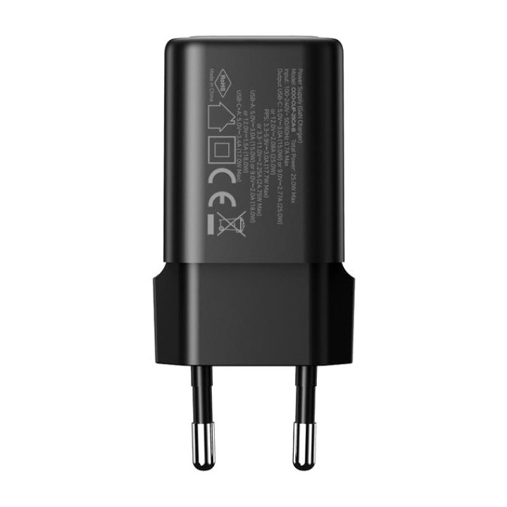 COOLBOX GaN-vægoplader med USB-A- og USB-C-porte 25W PD