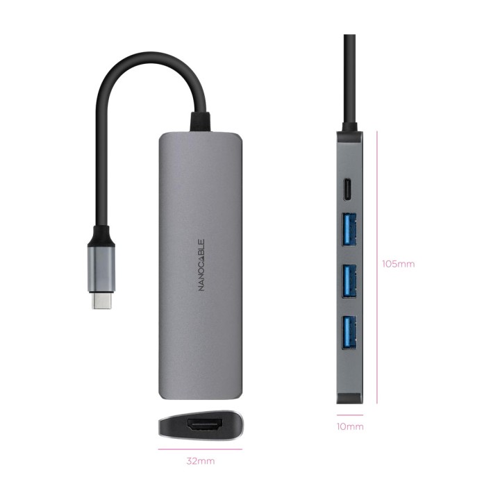 NANOCABLE 5-in-1-USB-C-Hub aus Aluminium mit HDMI und